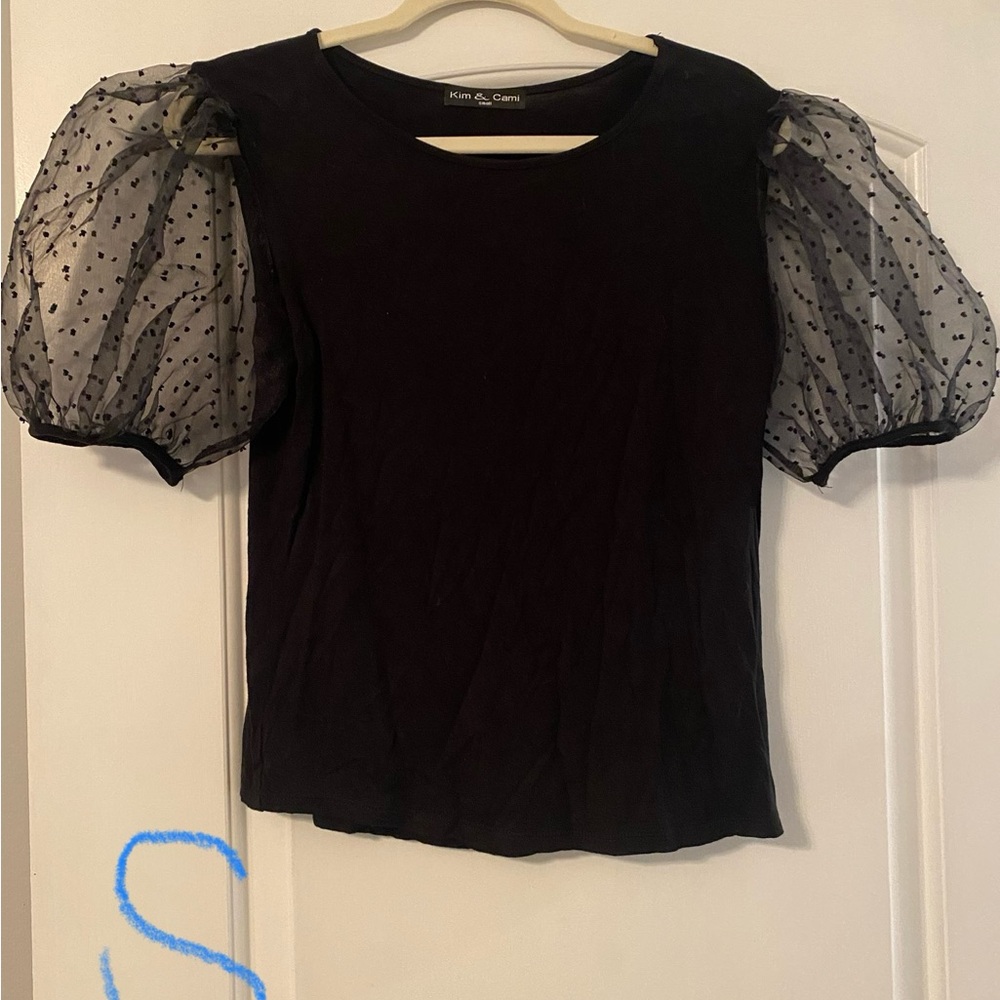 Kim & Cami Black Blouse with Sheer Polka Dot Sleeves